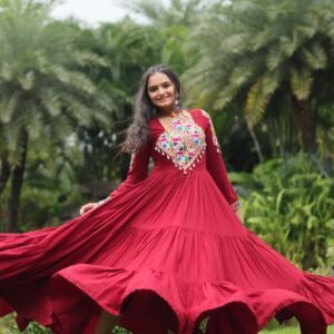 Maroon Reyon Partywear Gown with Kutchi Gamthi Work